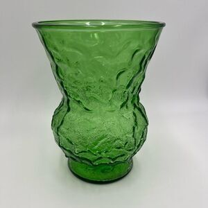 VTG 1960s Crinkle Glass Emerald Green Round Vase